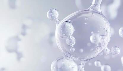 The concept of cosmetic essence is displayed in a transparent liquid bubble on a soft background with molecules inside.
