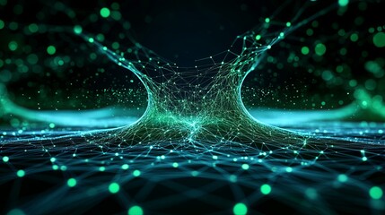 A digital forest of interconnected nodes, with data flowing through like a river, copy space in a clearing