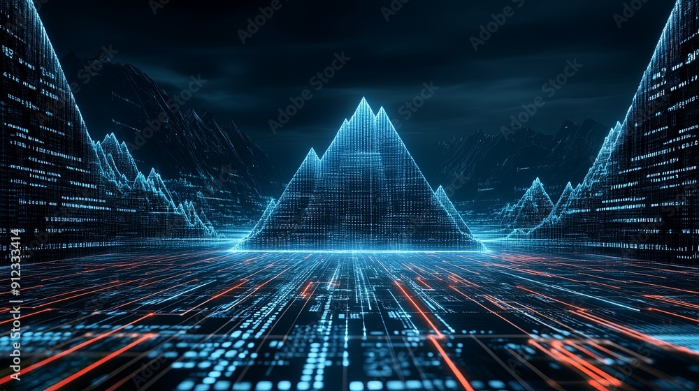 Poster a digital landscape with towering mountains made of data, with a clear path leading to a copy space
