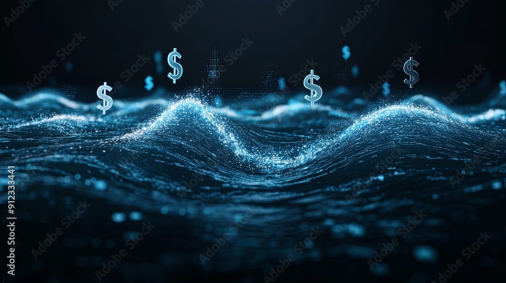 Poster a digital ocean with waves made of data, with currency symbols floating on the surface, copy space i