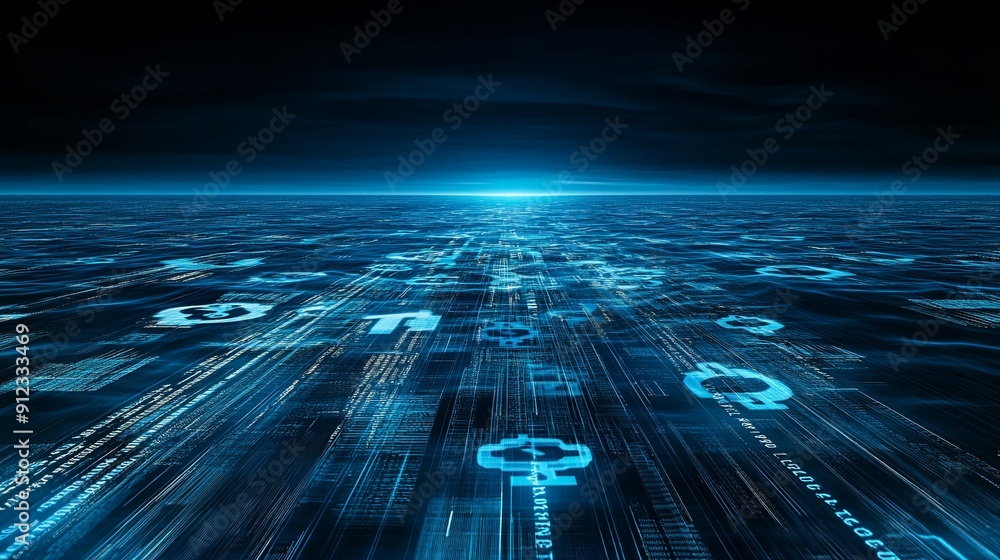 Aufkleber a digital ocean with waves made of data, with currency symbols floating on the surface, copy space i