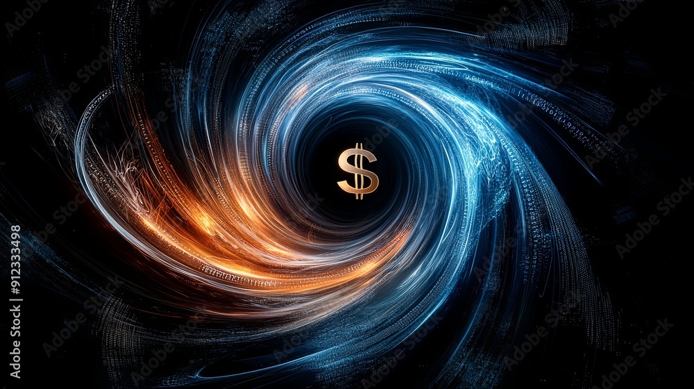 Poster a digital nebula with swirling colors and data, with currency symbols embedded, copy space in the ce