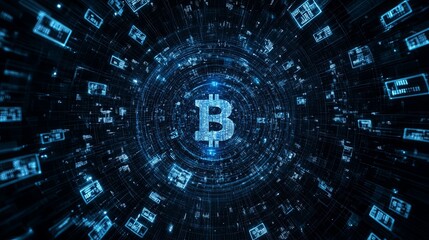 A digital galaxy with stars made of data, with planets made of currency symbols, copy space in the center