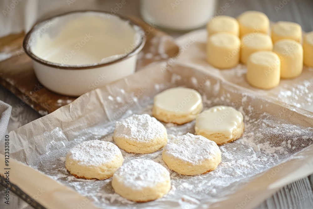 Poster a tray of cookies with powdered sugar on top. the cookies are arranged in a neat row. the tray is pl