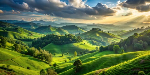 Naklejka premium Serene landscape featuring rolling emerald hills stretching towards horizon, abundant with lush greenery, serving as a vital oxygen source for a healthy planet ecosystem.