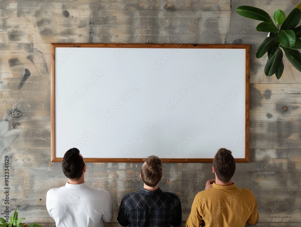 Aufkleber back view of three men looking at a large blank whiteboard in a rustic office space.
