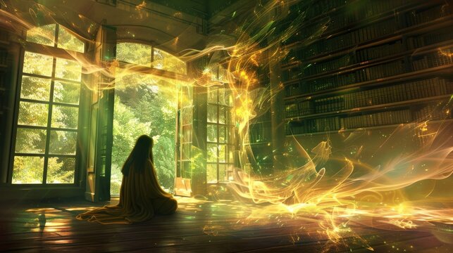 A medium channels a spirit's message in a mystical library filled with vibrant, swirling energy at dusk