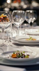 A beautifully arranged table featuring gourmet dishes and elegant wine glasses, ready for guests in a sophisticated setting