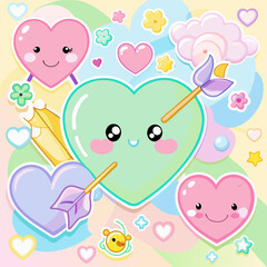 Cute Heart with Arrow Surrounded by Hearts and Flowers for Valentine's Day