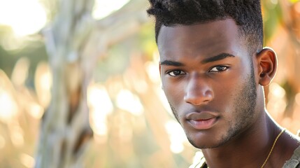 "Contemporary Gaze: Portrait of a 21-Year-Old African American Man with a Fade Haircut, Exuding Confidence and Charm"