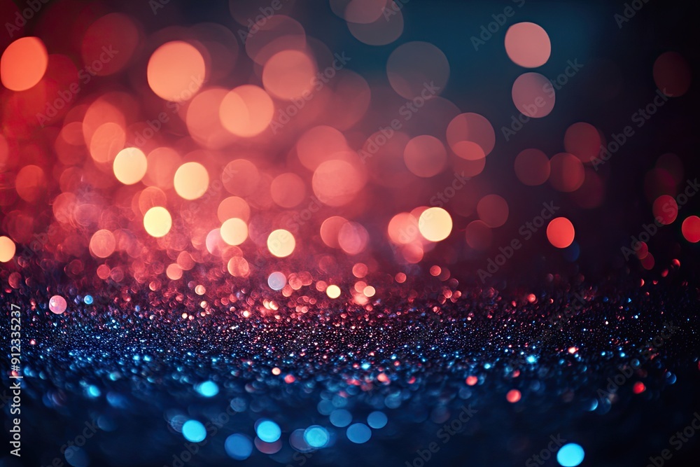 Poster a blurry image of a blue and red background with many small dots. the image is abstract and has a dr