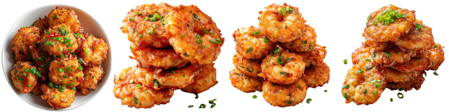 Ukoy (Filipino shrimp fritters) isolated on a transparent background - Showcasing the crispy, golden-brown fritters with visible shrimp and vegetables - Clean and appetizing composition with soft, eve