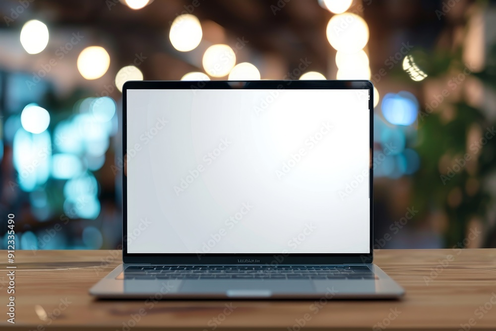 Poster laptop with blank screen on wooden table with blurred lights in background