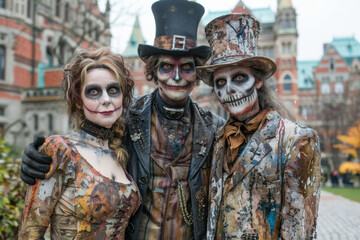 Obraz premium Halloween Family costumes. Skeleton family during Halloween celebration. 