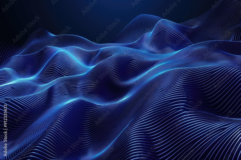 Poster a stylized representation of waves made up of blue lines on a black background, ideal for use in des