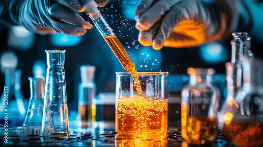 Poster using generative ai, a doctor in a white coat holds a glass test tube with a substance in it. study 
