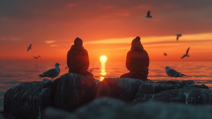 Woman praying and free bird enjoying nature at sunset.