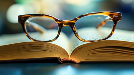 A close-up of a book opened on a table, with a pair of reading glasses resting on the pages
