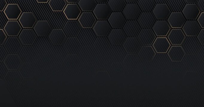 4k Abstract luxury black grey gradient backgrounds with golden metallic striped grid. Geometric hexagonal graphic motion animation. Seamless looped dark backdrop. Simple elegant universal minimal BG