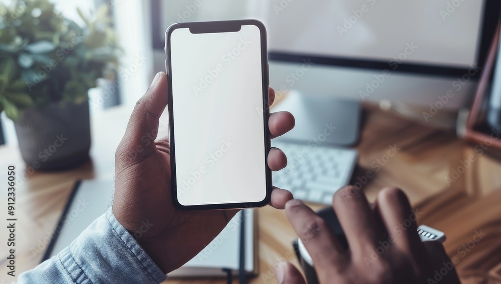 Poster a person holding a smartphone with a blank screen in front of a desk