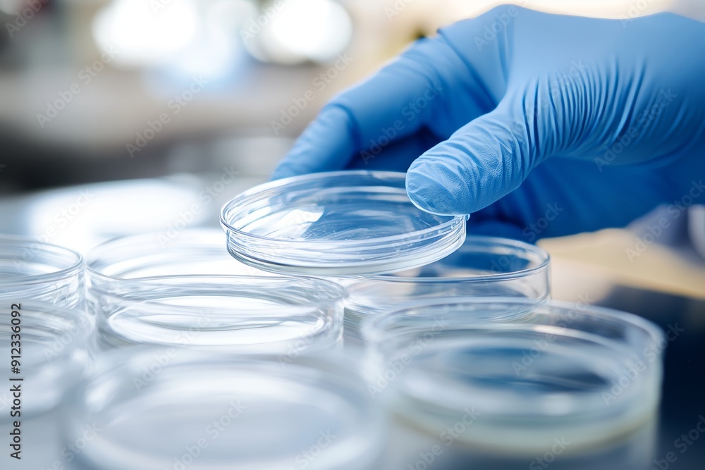 Poster an advanced biotechnologist examines a petri dish containing a precision sample, from an advanced bi