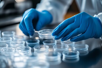 Lab technician inspecting a petri dish containing a precision sample, indicative of advanced biotechnology