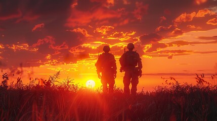 Fototapeta premium The silhouette of the US soldiers on sunset With USA flag copy space, Ai generated