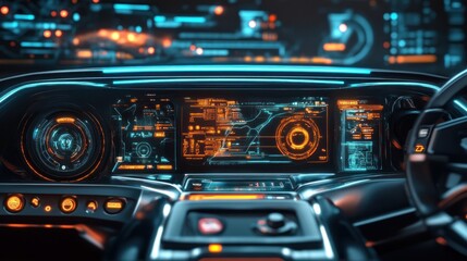A futuristic car dashboard interface with holographic displays and advanced navigation system