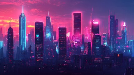 Fototapeta premium A futuristic cityscape at night with neon lights and towering skyscrapers, digital art style