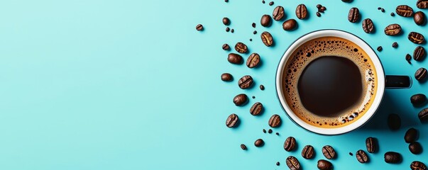 A close-up view of a coffee cup surrounded by roasted coffee beans on a vibrant blue background, perfect for coffee lovers.