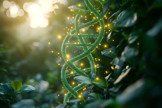 Synthetic biology concept, plants and DNA combined into a graphic
