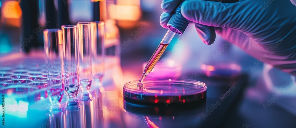Poster scientist working in a biotechnology lab. biochemical engineer preparing microplates for laboratory 