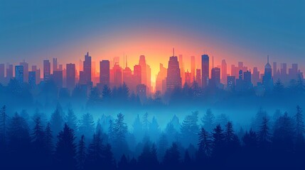 Obraz premium vector, illustration, flat, Seamless silhouette of the city. Cityscape with buildings. Simple blue background. Urban landscape. Beautiful template. Modern city with layers. Flat style vector illustrat