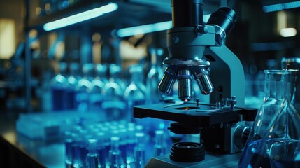 Close-Up of Microscope in Scientific Laboratory with Blue Lighting