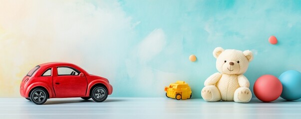 Obraz premium A red toy car and teddy bear sit against a pastel abstract background