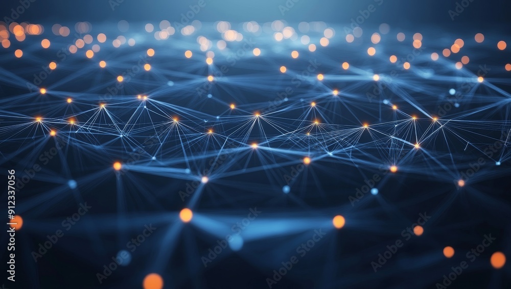 Poster an abstract network connection with nodes and lines on a dark background, representing the concepts 