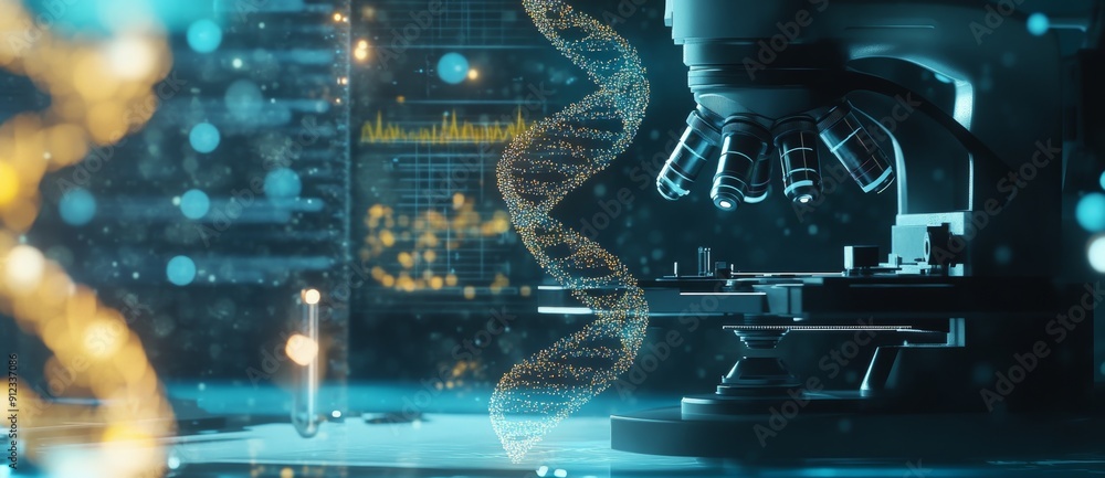 Poster analyzing microbiology and dna in a laboratory using digital technology.