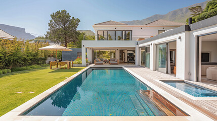 Private modern expensive house with a swimming pool and a yard. Modern architecture of a luxury...