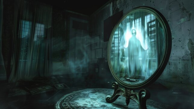 A medium uses a scrying mirror to connect with spirits, surrounded by an eerie atmosphere in a dimly lit, abandoned location