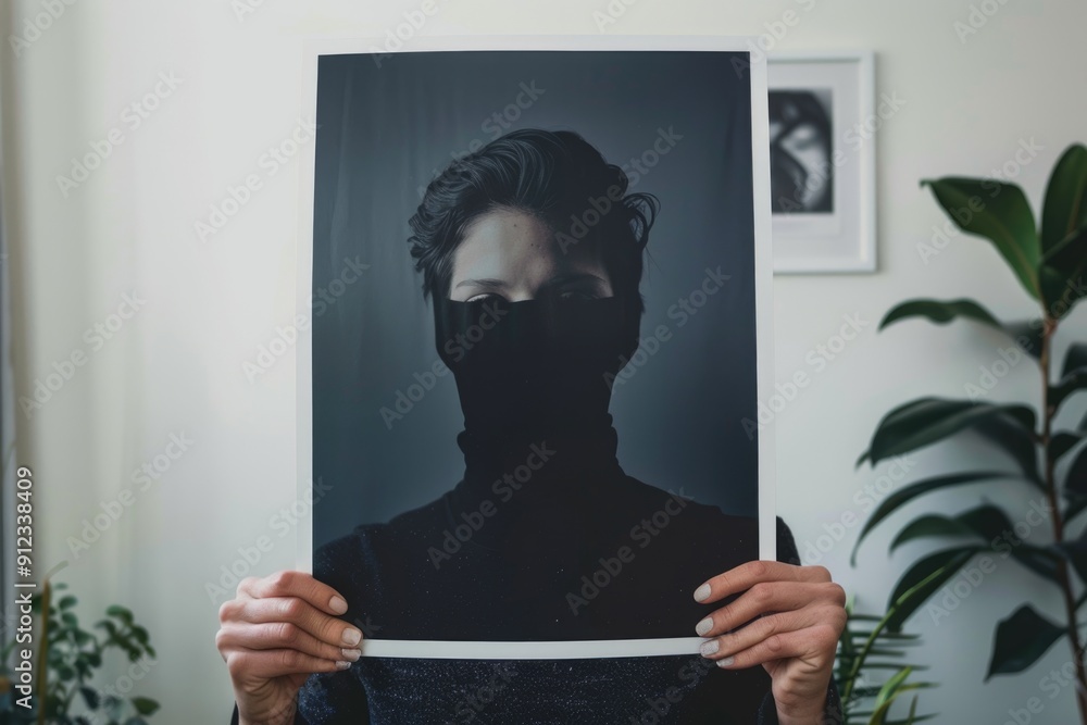 Poster a person holding up a black and white photograph for display or viewing