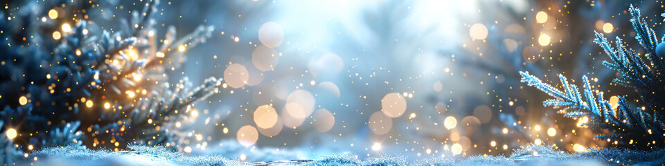 Fototapeta premium Enchanting winter landscape with decorated Christmas trees and twinkling lights, ideal for holiday-themed designs, festive greetings, and seasonal promotional materials