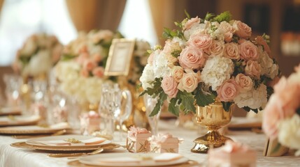 A wedding reception setup with elegant floral arrangements, beautifully wrapped favors, and a luxurious table setting in a romantic venue
