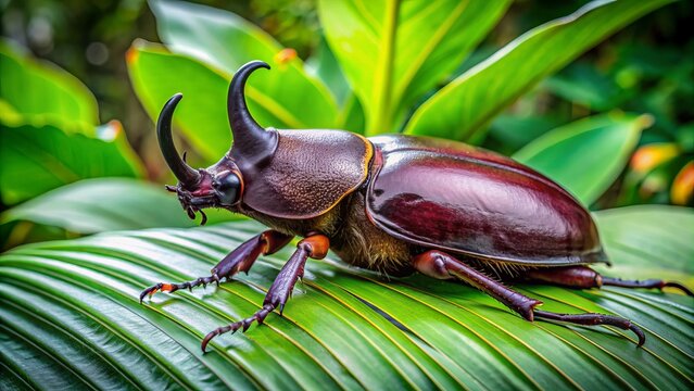 A large, dark brown Oryctes Rhinoceros beetle with a distinctive horn, perches on a green leaf in a serene backyard garden surrounded by lush vegetation.