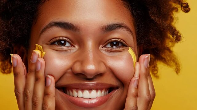 Woman taking care of her skin, smiling on yellow background
