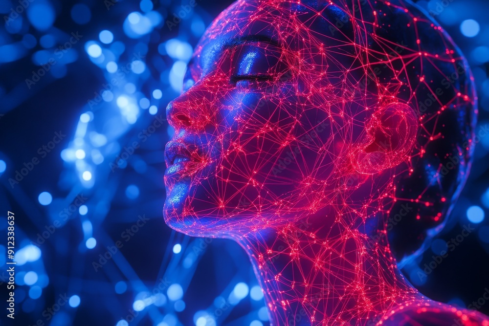 Poster in an abstract background with light, a schematic depicts the neural connections between the brain, 