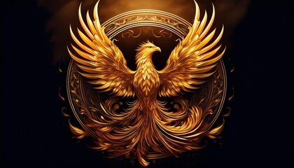 Craft an intricate logo of a golden phoenix rising from flames.