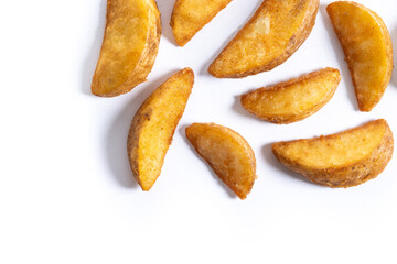 fried potato wedges isolated on white background. Top view