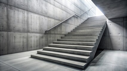 Fototapeta premium Modern concrete staircase stretches upwards in a diminishing perspective, stark simplicity and clean lines define the monochromatic black and white urban architectural interior.