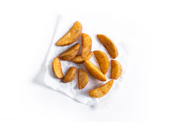fried potato wedges isolated on white background. Top view
