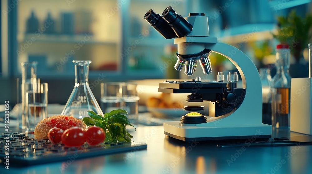 Poster stunning close-up of a futuristic microscope in a sterile futuristic lab analyzing samples in a petr